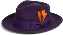 Gangster 100% Austrailian Wool Crushable Mens Fedora Hat - Removable Feather Gangster Purple Mens Fedora Hat