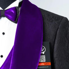 Mens Black With Purple Velvet Lapel 3-Piece Tailored-Fit Tuxedo