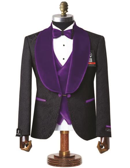 Mens Black With Purple Velvet Lapel 3-Piece Tailored-Fit Tuxedo