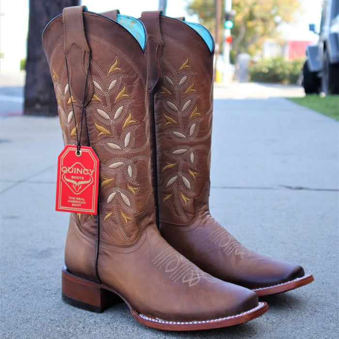 Tan Honey Color Floral Square Toe Cowgirl Boots