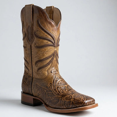 Mens Quincy Boots Tan Tooled Print Cowboy Boots Square Toe