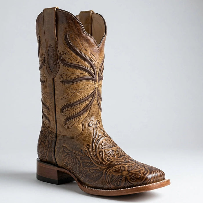 Mens Quincy Boots Tan Tooled Print Cowboy Boots Square Toe