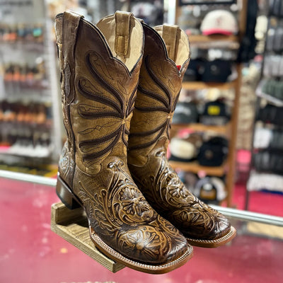 Mens Quincy Boots Tan Tooled Print Cowboy Boots Square Toe