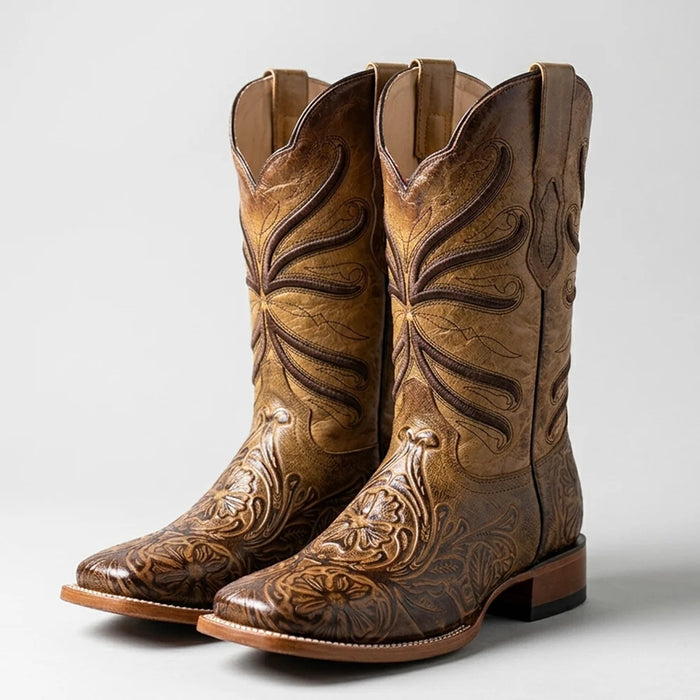 Mens Quincy Boots Tan Tooled Print Cowboy Boots Square Toe