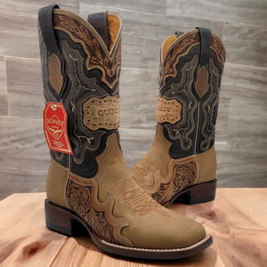 Hand-tooled square toe cowboy boots