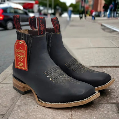 Mens Quincy Boots Crazy Horse Black Chelsea Boots Square Toe