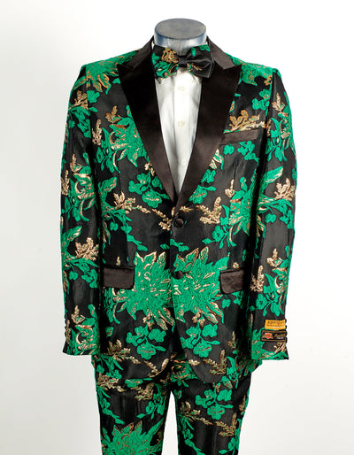 Mens 2 Button Hunter Green, Gold, & Black Floral Paisley Tuxedo Tuxedo 1 Party-GREEN-Suit-XS  - from alligatorwarehouse.com