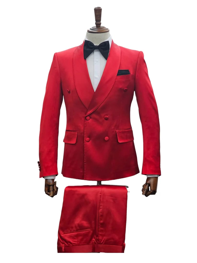 Double Breasted Tuxedo Suit  - Slim fitted Suit - Red Suit - Shawl Collar 1 IS-0116  - from alligatorwarehouse.com
