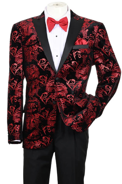Mens Blazer - Cheap Priced Mens Sport Coat - Men's Modern Fit Velvet Floral Paisley Foil Tuxedo Jacket In Red & Black 1 WW-0253  - from alligatorwarehouse.com