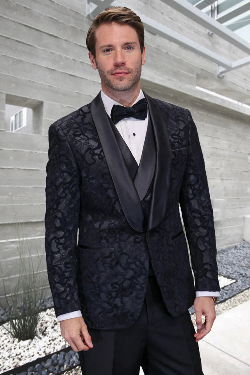 Men's Black Paisley Velvet Smoking Jacket Tuxedo with Vested Double Breasted Prom & Wedding Suit