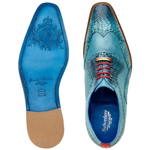 Belvedere Roberto Antique Aqua Genuine American Alligator  Calf Wingtip Oxford Shoes