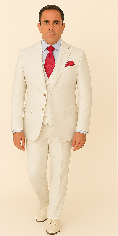 Rossi Man Slim Fit 3-Piece White Suit – Peak Lapel, Double-Breasted Vest & Flat Front Pants 5   - from alligatorwarehouse.com
