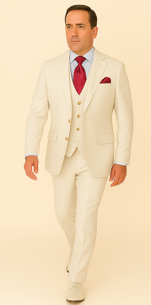 Rossi Man Slim Fit 3-Piece White Suit – Peak Lapel, Double-Breasted Vest & Flat Front Pants 4   - from alligatorwarehouse.com