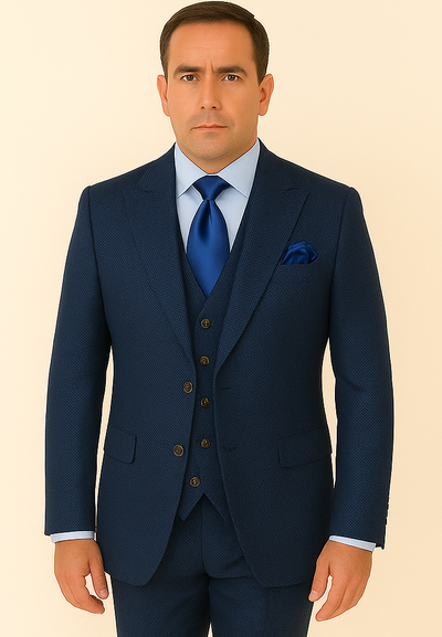 Rossi Man BOND RM1752 Slim Fit 3-Piece Navy Suit – 1-Button Peak Lapel, Double-Breasted Vest & Flat Front Pants 5   - from alligatorwarehouse.com