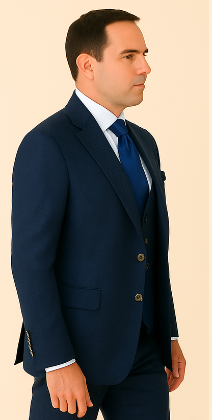 Rossi Man BOND RM1752 Slim Fit 3-Piece Navy Suit – 1-Button Peak Lapel, Double-Breasted Vest & Flat Front Pants