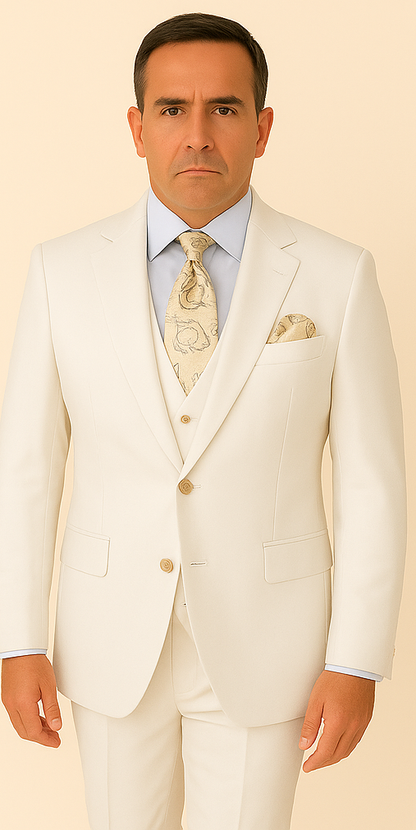 Rossi Man BOND RM1770 Slim Fit 3-Piece White Suit – 1-Button Peak Lapel, Stylish Men’s Formalwear