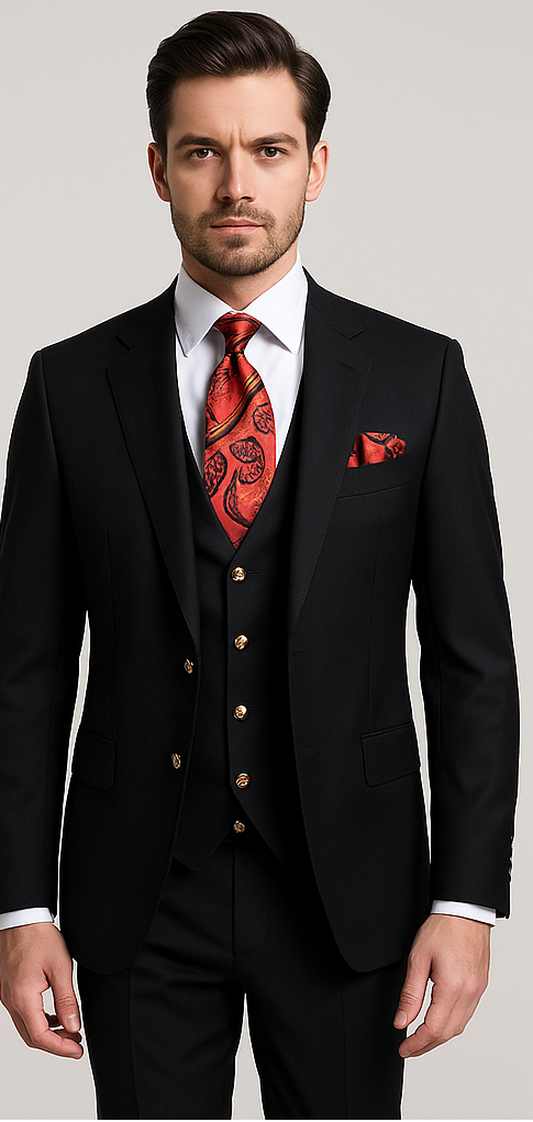 Men’s Modern Formal Suit – Rossi Man Max 3-Piece Slim Fit in Solid Black | RM1101