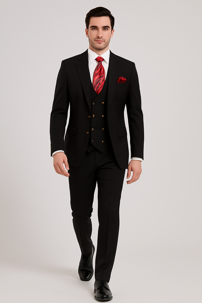 Men’s Modern Formal Suit – Rossi Man Max 3-Piece Slim Fit in Solid Black | RM1101