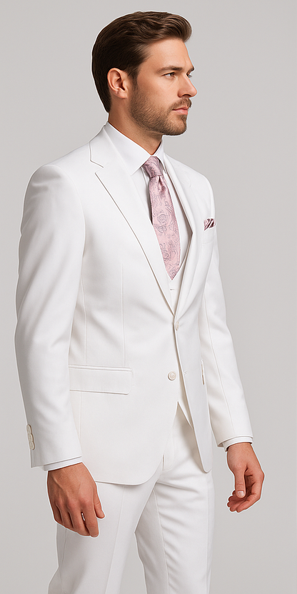 Rossi Man MAX RM1374 Slim Fit 3-Piece Suit – Elegant Solid White Formalwear for Men