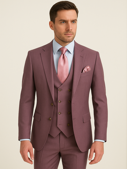 Rossi Man MAX RM1381 Slim Fit 3-Piece Suit – Modern Tailored Solid Raspberry Suit for Men