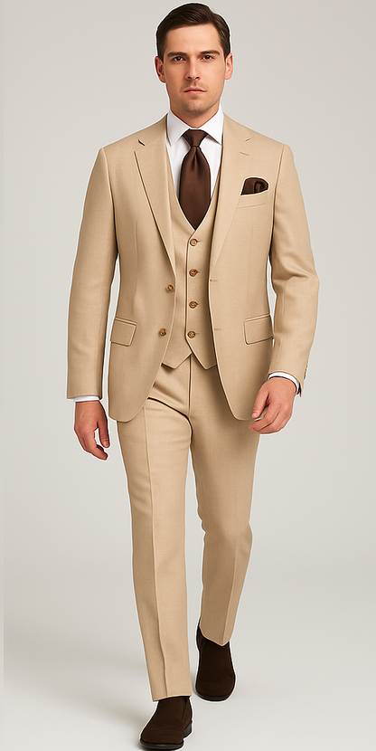 Rossi Man Max RM1391 – Slim Fit 3-Piece Men’s Suit in Solid Beige