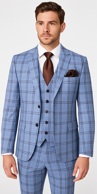 Rossi Man MAX RM1822 Slim Fit 3-Piece Suit – Premium Light Blue & Brown Plaid Formal Suit for Men 5   - from alligatorwarehouse.com