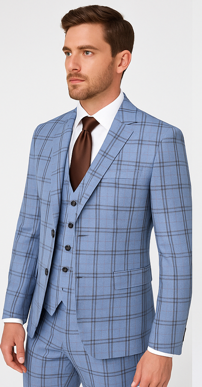 Rossi Man MAX RM1822 Slim Fit 3-Piece Suit – Premium Light Blue & Brown Plaid Formal Suit for Men 3   - from alligatorwarehouse.com