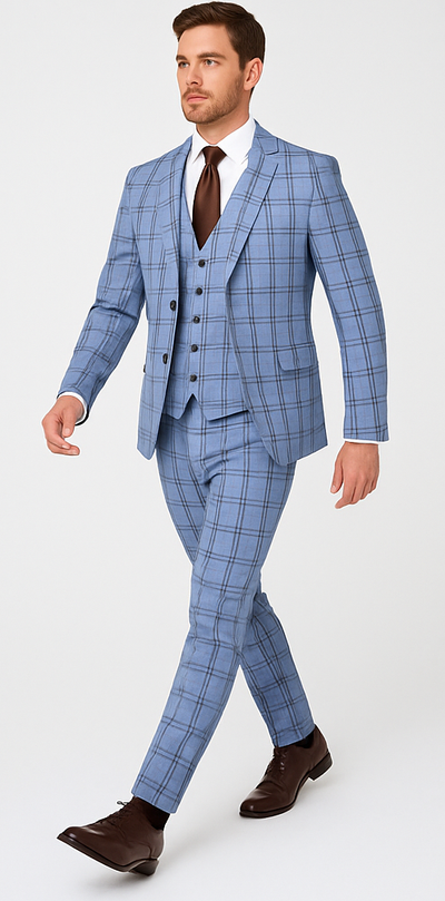 Rossi Man MAX RM1822 Slim Fit 3-Piece Suit – Premium Light Blue & Brown Plaid Formal Suit for Men 4   - from alligatorwarehouse.com