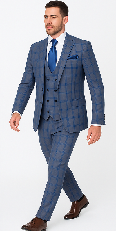 Rossi Man MAX RM1823 Slim Fit 3-Piece Blue Plaid Suit – Tailored for Weddings & Business 2   - from alligatorwarehouse.com