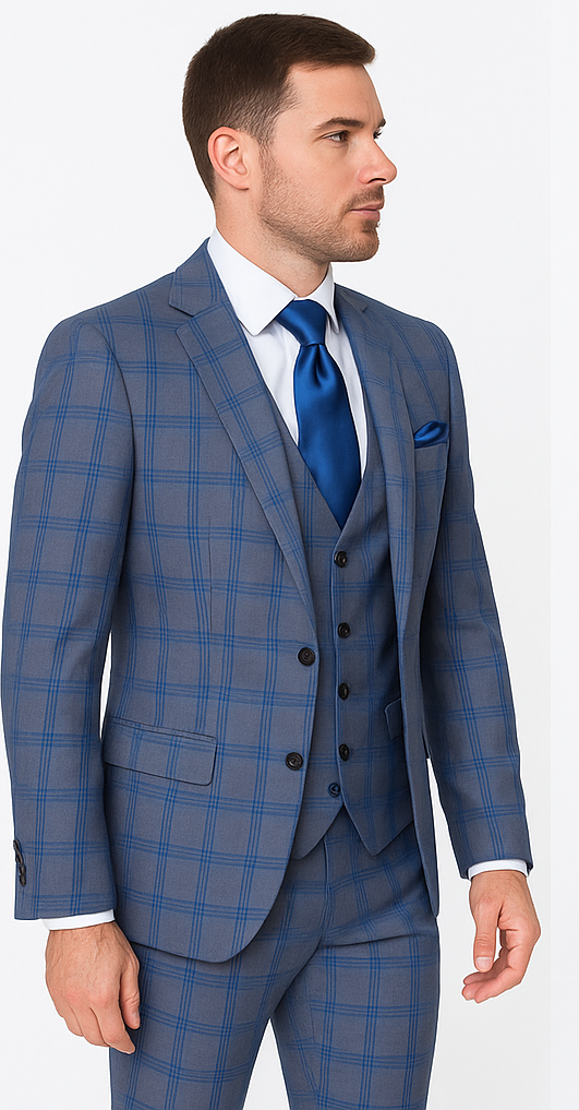 Rossi Man MAX RM1823 Slim Fit 3-Piece Blue Plaid Suit – Tailored for Weddings & Business