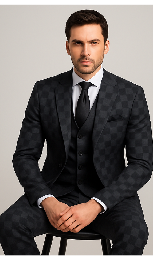 Rossi Man Max RM1837 – Men’s Slim Fit Tailored 3-Piece Suit in Black