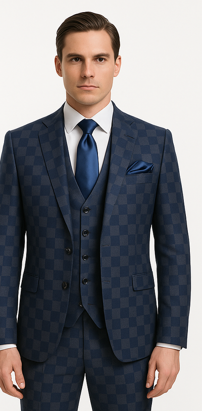 Rossi Man MAX Collection RM1838 – Modern Slim Fit 3-Piece Navy Check Suit for Men 5   - from alligatorwarehouse.com