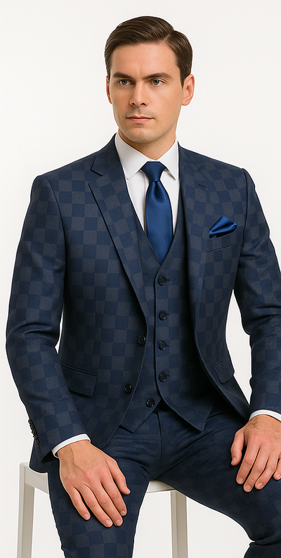 Rossi Man MAX Collection RM1838 – Modern Slim Fit 3-Piece Navy Check Suit for Men 4   - from alligatorwarehouse.com