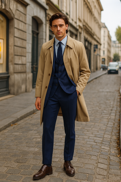 Mens Beige Trench Coat – Classic Long Overcoat with Button Front - Raincoat in Khaki Color 3   - from alligatorwarehouse.com