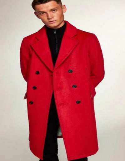 Red Overcoat For Men - Red Peacoat 100% Wool Double Breasted Style Peak Lapel Christmas Coat 1   - from alligatorwarehouse.com