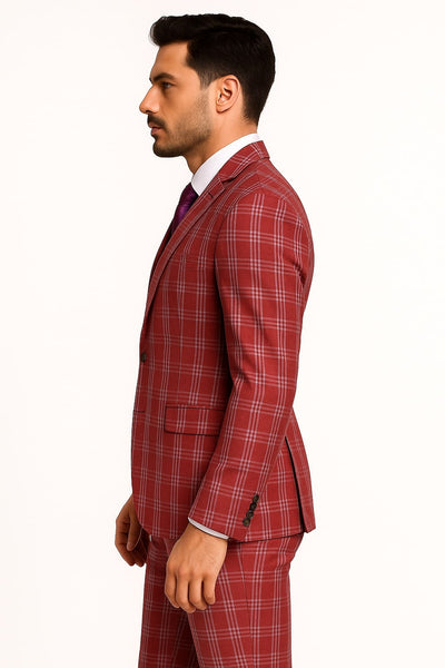Mens Red Plaid Three-Piece Suit – Bold Checkered Pattern with Vest and Matching Pants 4   - from alligatorwarehouse.com