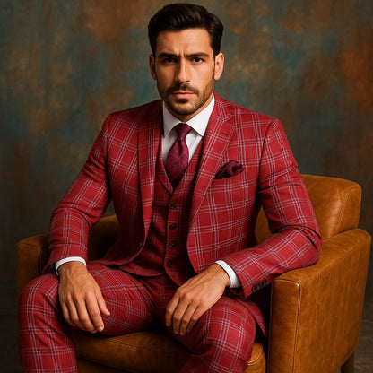 Mens Red Plaid Three-Piece Suit – Bold Checkered Pattern with Vest and Matching Pants