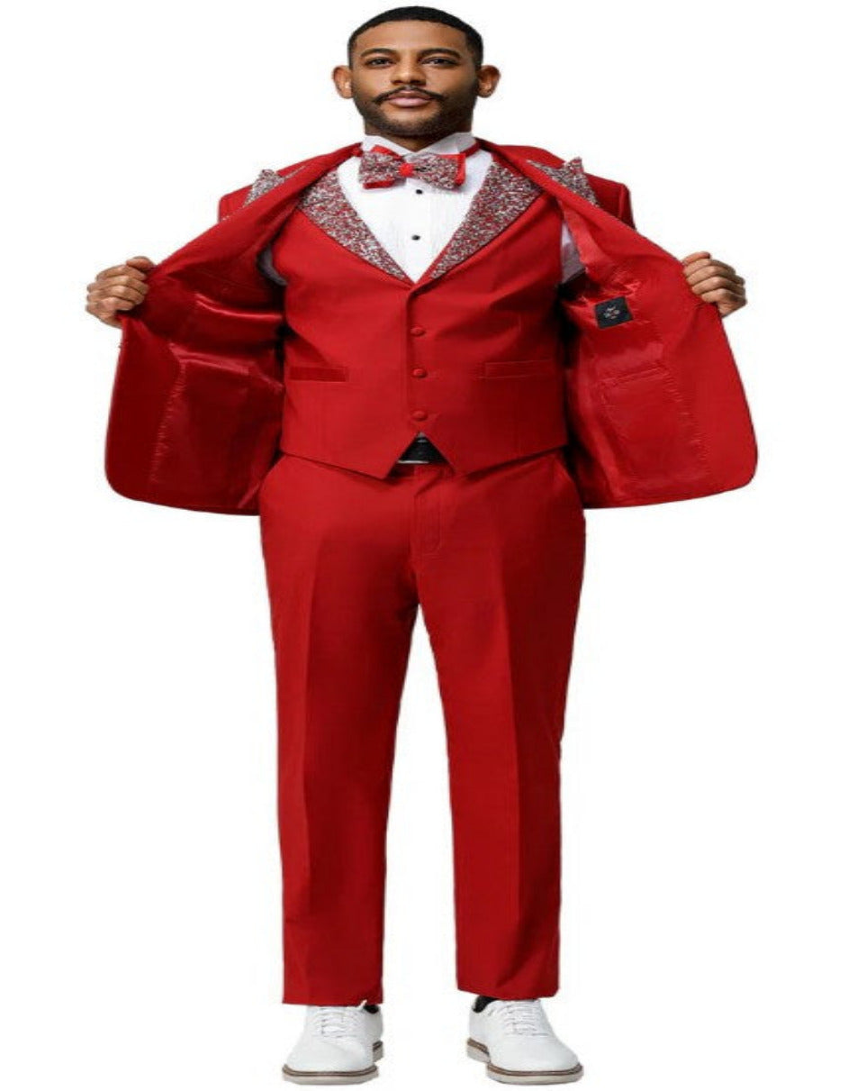 Red Prom Tuxedo - Perfect Wedding Suit Vested Rhinestone sequin Lapelled