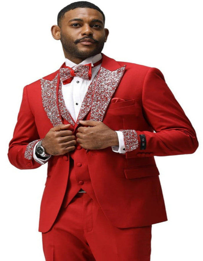 Red Prom Tuxedo - Perfect Wedding Suit Vested Rhinestone sequin Lapelled