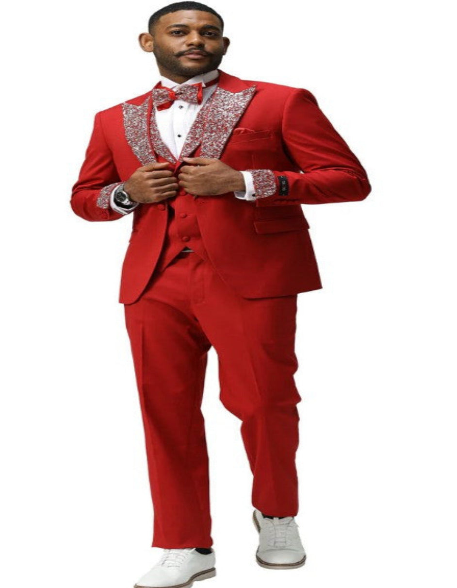 Red Prom Tuxedo - Perfect Wedding Suit Vested Rhinestone sequin Lapelled