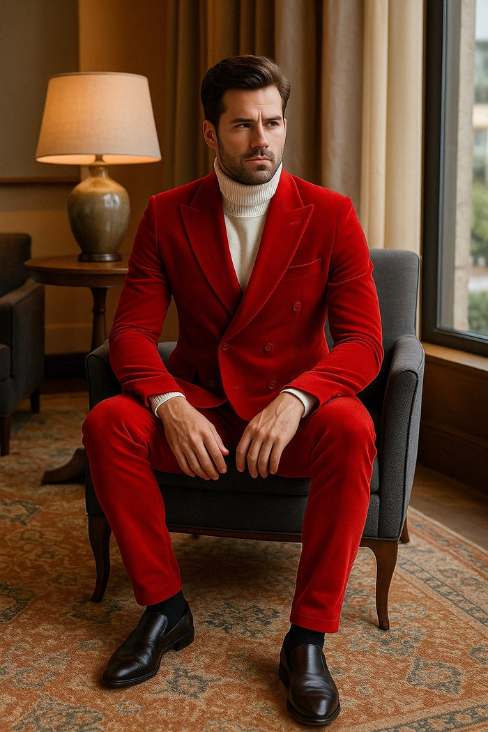 Mens Slim Fit Red Velvet Double Breasted Suit with Peak Lapel Formal Tuxedo Style Ultra Slim Fit