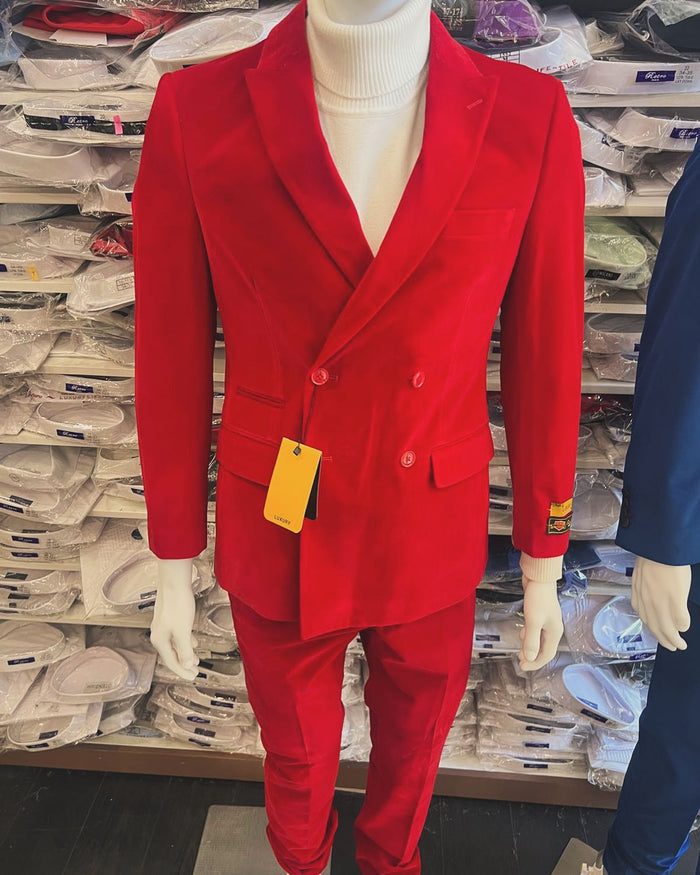 Mens Slim Fit Red Velvet Double Breasted Suit with Peak Lapel Formal Tuxedo Style Ultra Slim Fit