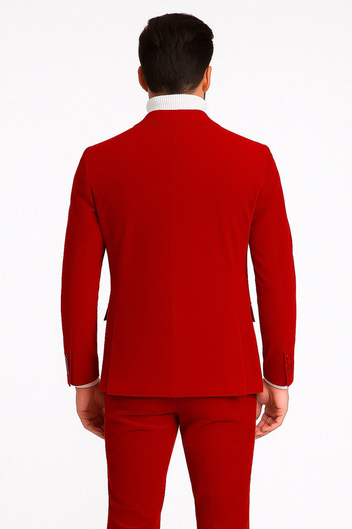 Mens Slim Fit Red Velvet Double Breasted Suit with Peak Lapel Formal Tuxedo Style Ultra Slim Fit