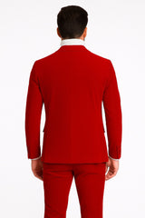 Mens Slim Fit Red Velvet Double Breasted Suit with Peak Lapel – Formal Tuxedo Style
