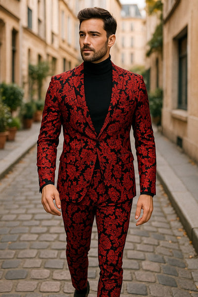 Mens Red and Black Floral Brocade Tuxedo Suit ƒ?? Two Piece Slim Fit Set 3   - from alligatorwarehouse.com
