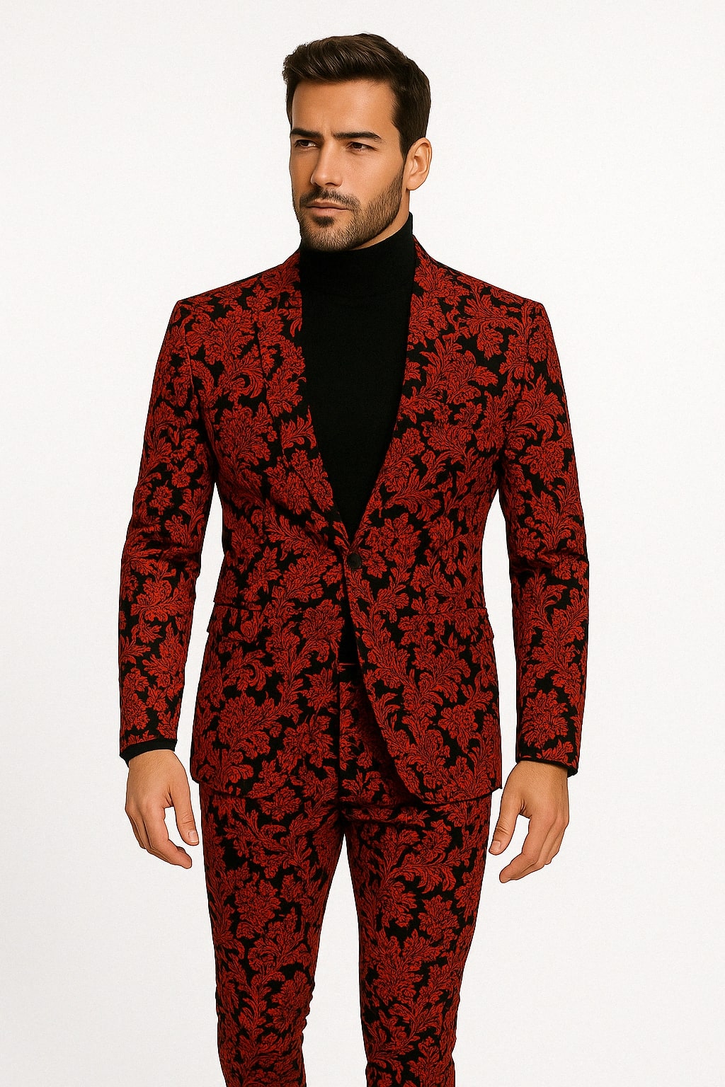 Mens Red and Black Floral Brocade Tuxedo Suit ƒ?? Two Piece Slim Fit Set