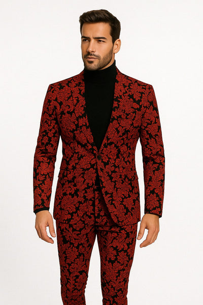 Mens Red and Black Floral Brocade Tuxedo Suit ƒ?? Two Piece Slim Fit Set 1   - from alligatorwarehouse.com