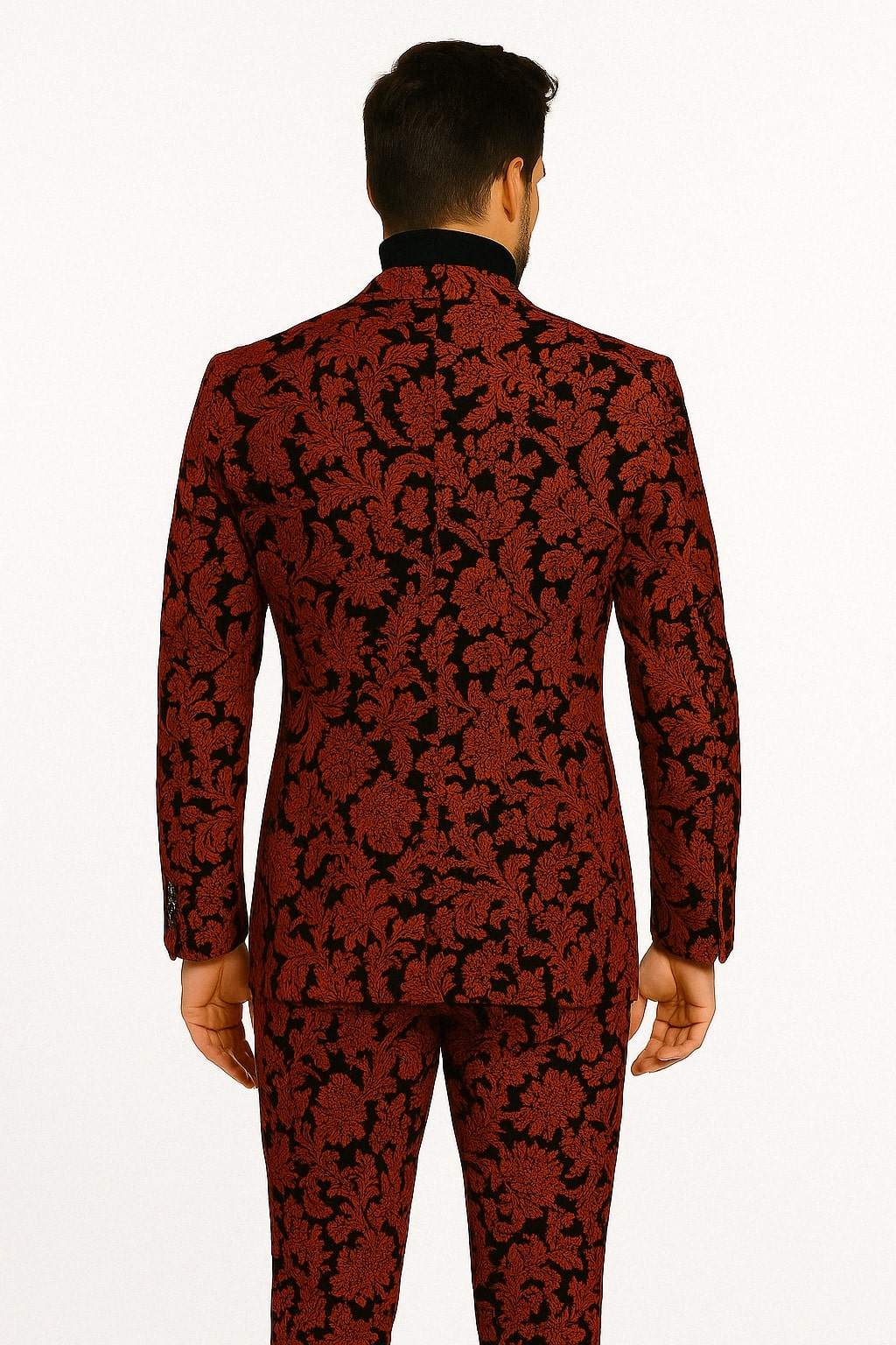 Mens Red and Black Floral Brocade Tuxedo Suit ƒ?? Two Piece Slim Fit Set