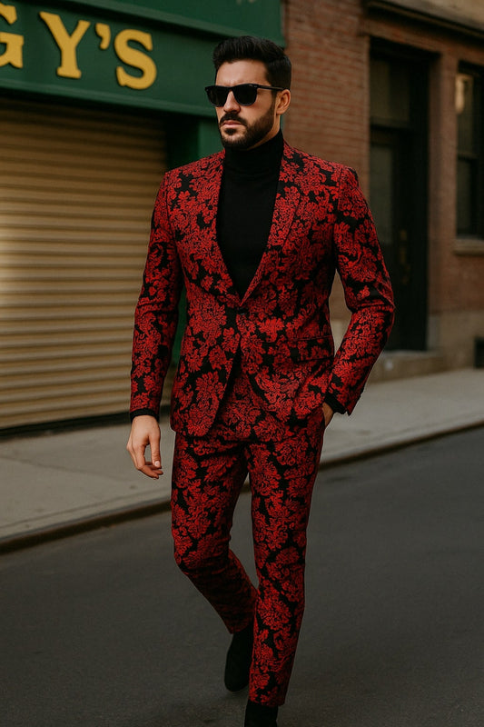 Mens Red and Black Floral Tuxedo Suit ƒ?? Slim Fit 2 Piece Embroidered Outfit for Weddings, Prom, and Formal Events