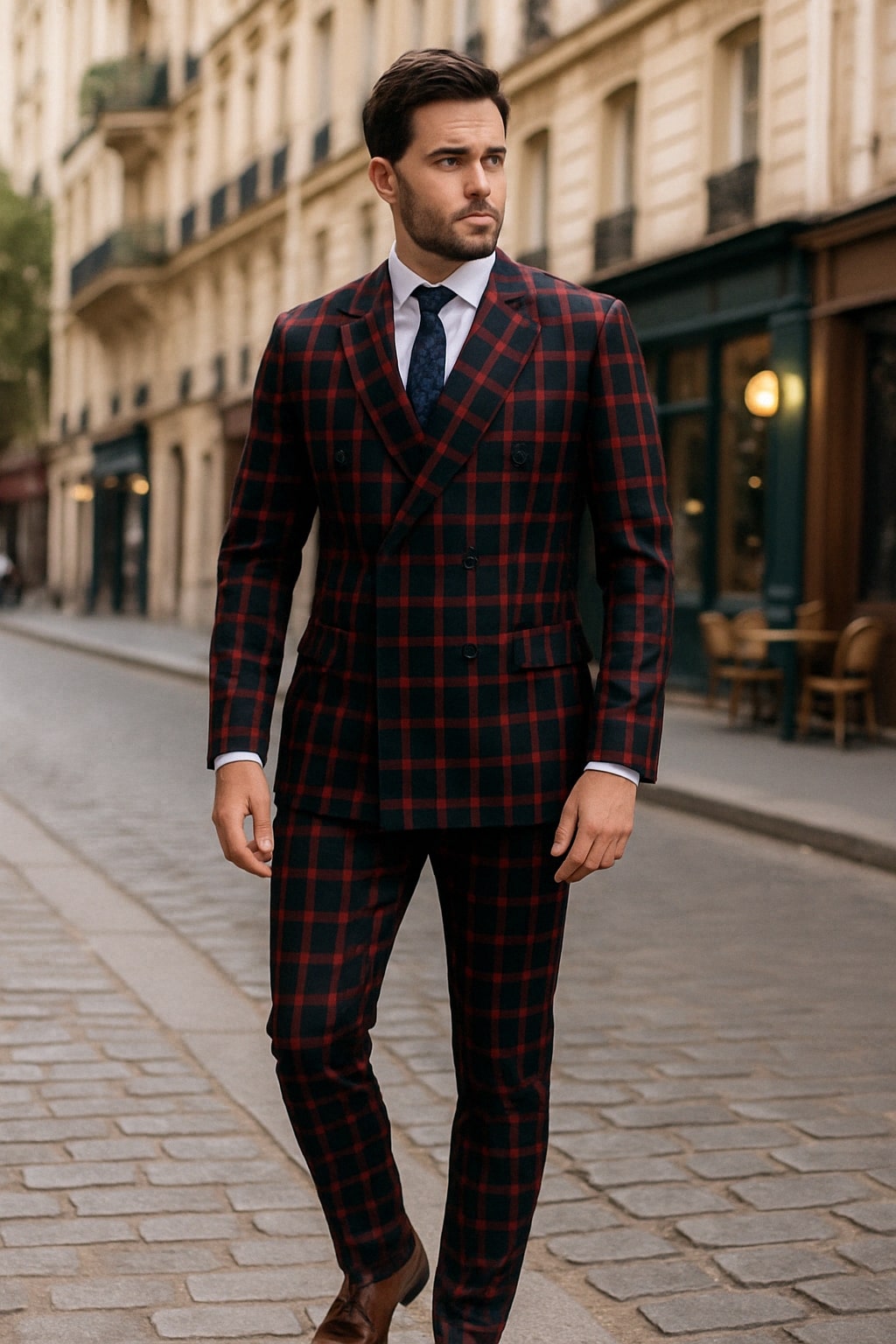Mens Red and Black Plaid Double-Breasted Suit ƒ?? Slim Fit Checkered 2 Piece Formal Business Outfit